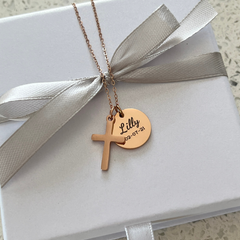 Ruth Ladie's Round Disc & Cross Necklace, Rose Gold Stainless Steel (READY IN 3 DAYS!)