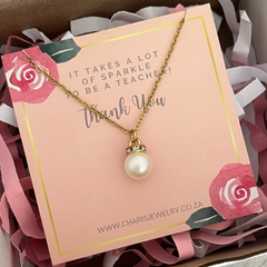 Teacher's Gift Pearl Necklace - It takes a lot of Sparkle to be a Teacher, Stainless Steel Chain