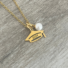Graduation Pearl or Birthstone Necklace, Gold Stainless Steel (READY IN 3 DAYS)