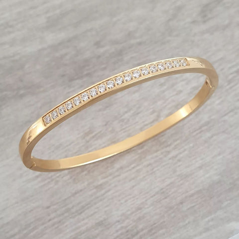 Yara CZ Bangle, Gold Stainless Steel Clip Open Bangle, Size: 58mm Diameter