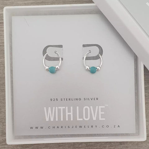 Silver bali hoop earrings with turquoise bead