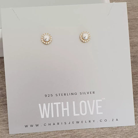 Isabel-Gold - Gold Plated 925 Sterling Silver CZ Pearl Earrings, Size: 6mm