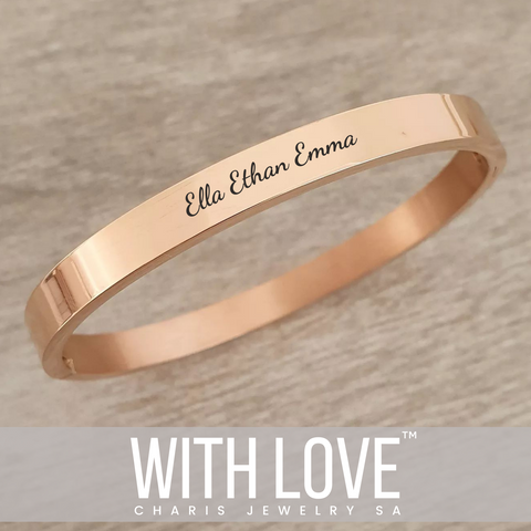 Kiera Regular Size Personalized Rose Gold Stainless Steel Clip Open Bangle, SIZE: 58mm Diameter (READY IN 3 DAYS)