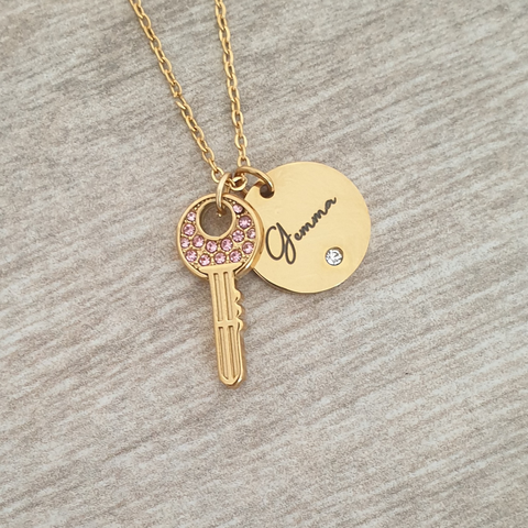 Keylee Personalized Key Necklace, Pink or Clear Stones, Stainless Steel (READY IN 3 DAYS)