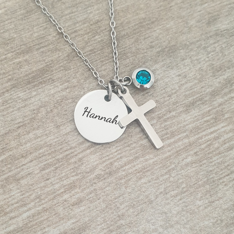 Lamara Personalized Cross with Birthstone Necklace, Silver Stainless Steel (READY IN 3 DAYS)