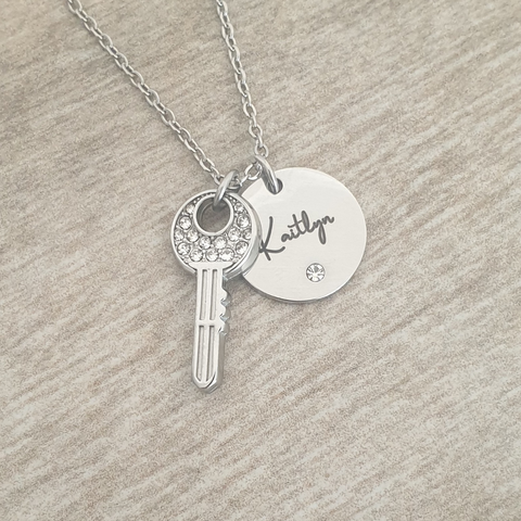 Keylee Personalized Key Necklace, Pink or Clear Stones, Stainless Steel (READY IN 3 DAYS)