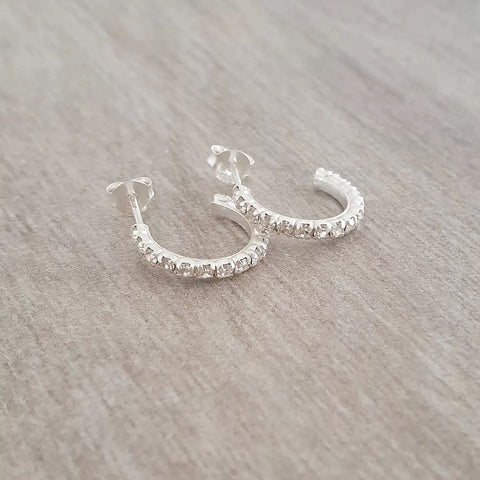 Silver crystal half hoop earrings