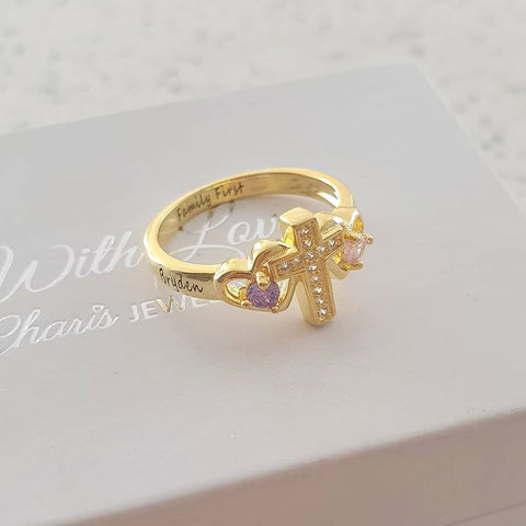 CRI103559 Personalized Gold 925 Sterling Silver Cross Birthstone Ring