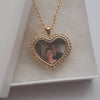 FL59 - Personalized Heart Locket Necklace with Photo, CZ Gold Stainless Steel