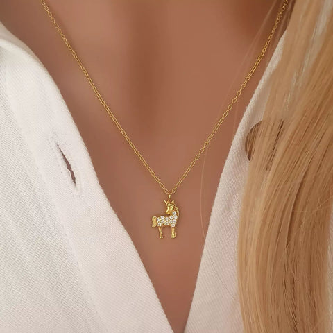 Elmi Gold - Gold Plated925 Sterling Silver Unicorn Necklace, 9x12mm, 45cm chain