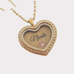 Personalized name and birthstone gold heart floating locket necklace