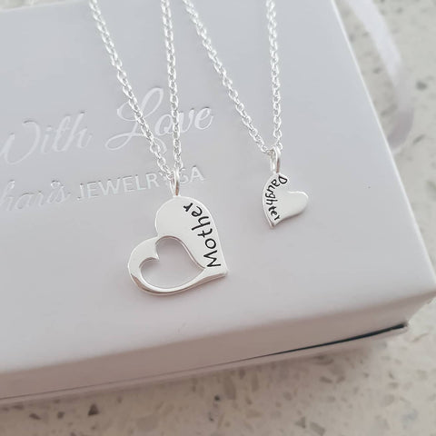 Silver mother daughter necklace set