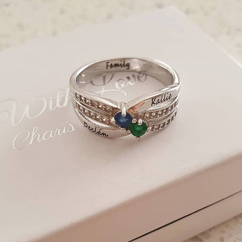 CRI103464 - 925 Sterling Silver Personalized Ring, Names and Birthstones