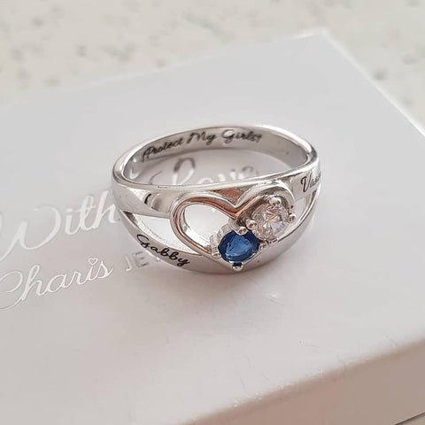 SILVER PERSONALIZED NAMES AND BIRTHSTONES RING