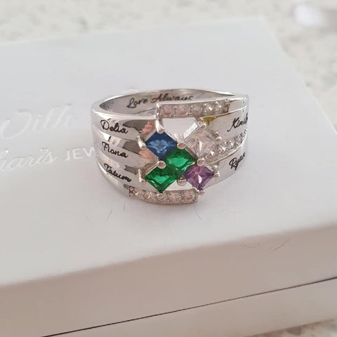 Personalized name and birthstone rings