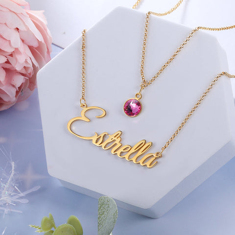 CNE109174G - Gold Plated Sterling Silver Layered Birthstone ＆ Name Necklace