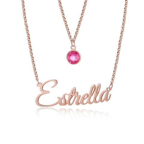 CNE109174RG - Rose Gold Plated Sterling Silver Layered Birthstone ＆ Name Necklace
