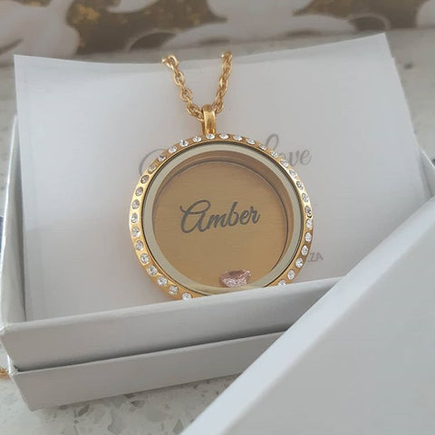 Gold Floating Locket Necklace with Personalized Name and Birthstone