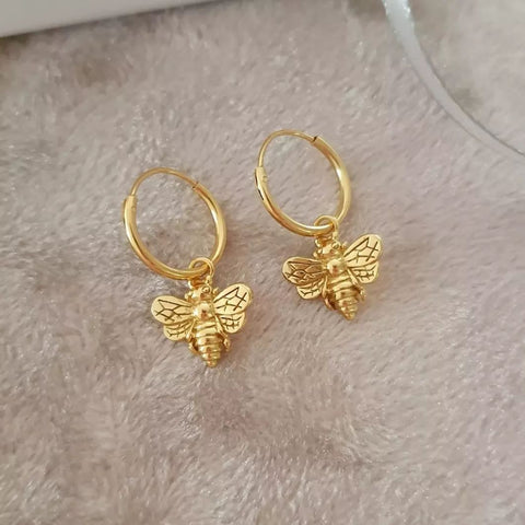 Bekah-Gold - Gold Plated 925 Sterling Silver Bee Earrings, Sie 12mm Hoops