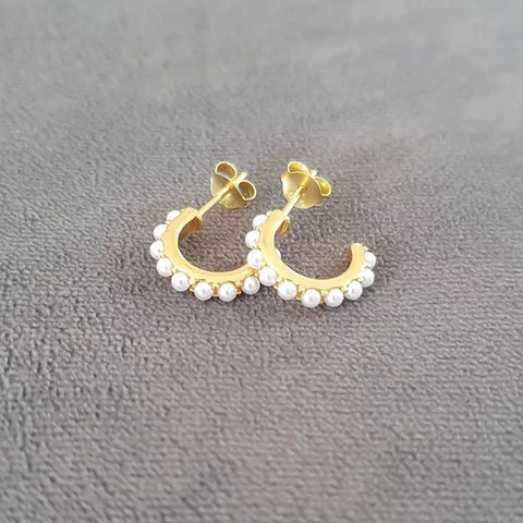 Keturah Gold, Gold Plated 925 Sterling Silver Pearl Earrings, Small 14mm half hoops