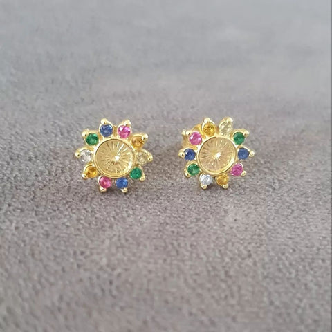 Atarah-Gold, Gold Plated 925 Sterling Silver Flower Earrings, Size 9mm