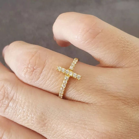 Serenity-Gold, Gold Plated 925 Sterling Silver CZ Cross Ring