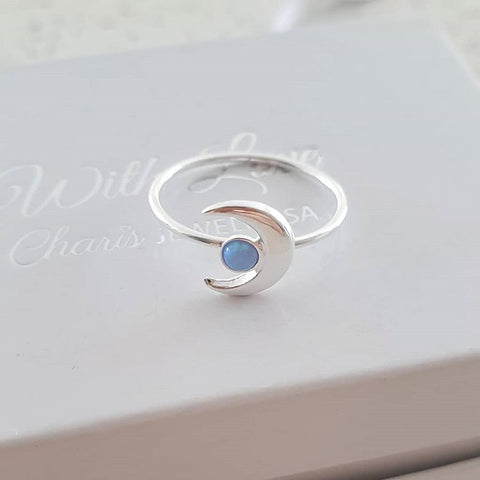 Silver moon azure synthetic opal ring