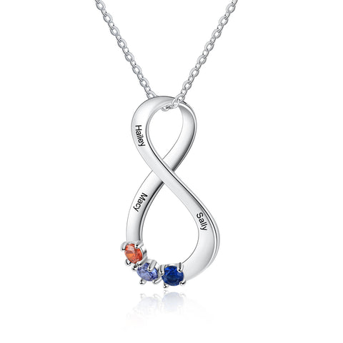 CNE106405 - Personalized Infinity Necklace with 3 Names & Birthstones, 925 Sterling Silver
