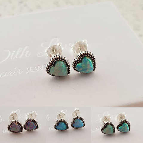 Sterling silver heart opal earrings