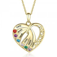 Gold Plated Sterling Silver Mom Heart Necklace with Birthstones