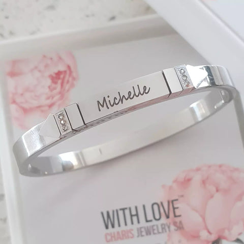 MIchelle Personalized CZ Stainless Steel Bangle, Clip Open,58mm diameter (READY IN 3 DAYS)