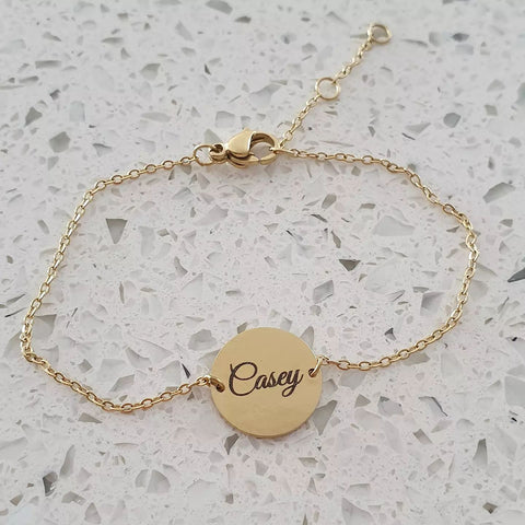 Casey Personalized Disc Name Bracelet, Stainless Steel (SILVER, GOLD OR ROSE GOLD, READY IN 3 DAYS)