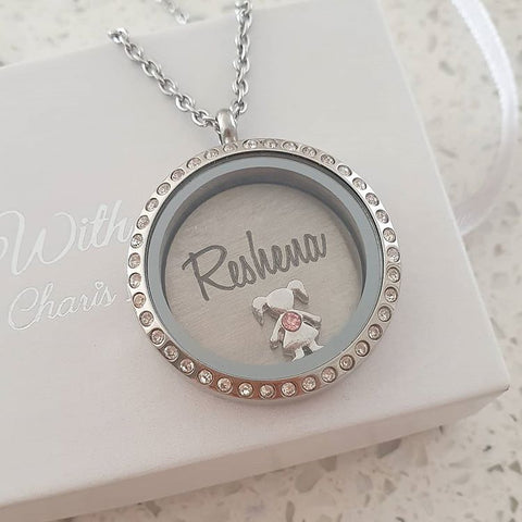 Personalized floating locket necklace with children's names and birthstones