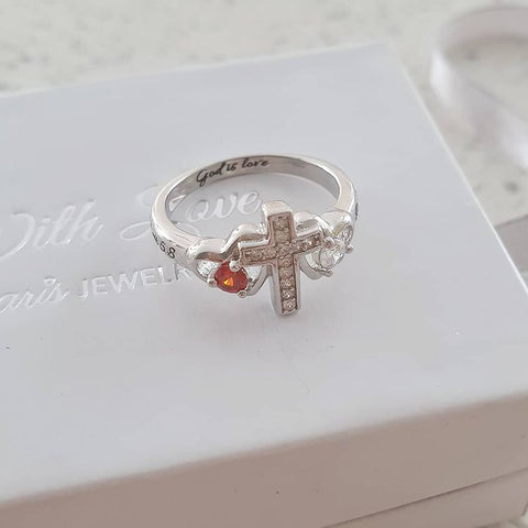 Personalized 925 Sterling Silver Cross Birthstone Ring