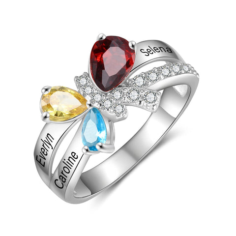 CRI10550801-3ST  Personalized Butterfly Ring with names and birthstones, 925 Sterling Silver