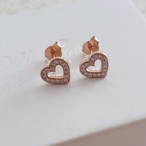 Simone Rose Gold Plated 925 Sterling Silver CZ Crystal Heart Earrings, Size 9x8mm