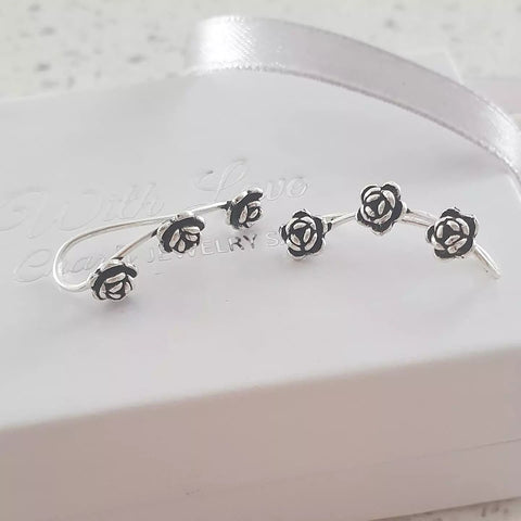 Silver rose ear pin earrings