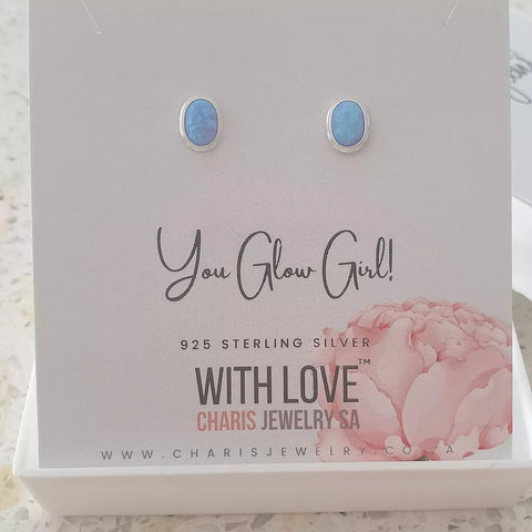 silver azure oval opal earrings