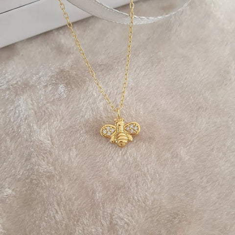Bailey Gold - Gold Plated 925 Sterling Silver CZ Bee Necklace, 10x7mm on 45cm chain