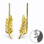 Giselle-Gold, Gold Plated 925Sterling Silver Leaf Ear Pin Earrings 6x18mm