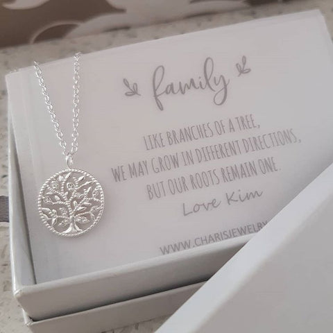 Tyrah PN 925 Sterling silver CZ Tree of Life Necklace with Personalized Note