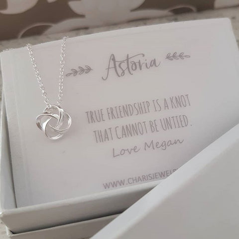 Sterling Silver love or friendship knot necklace gift with personalized note