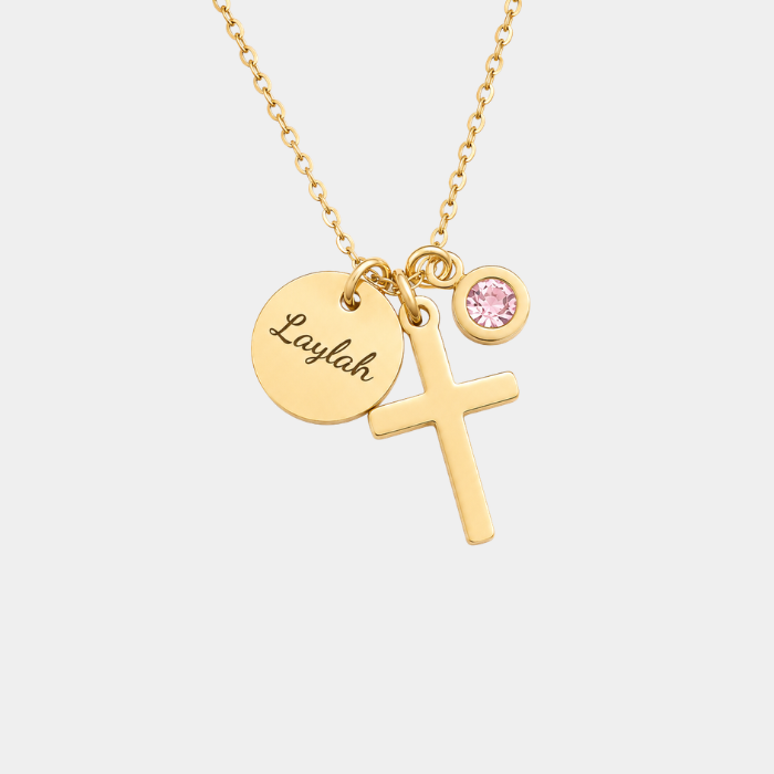 LAMARA PERSONALISED GOLD CROSS & BIRTHSTONE NECKLACE (READY IN 3 DAYS)