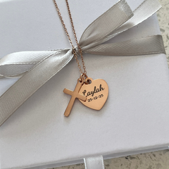 Esther Ladie's Heart & Cross Necklace, Rose Gold Stainless Steel (READY IN 3 DAYS!)