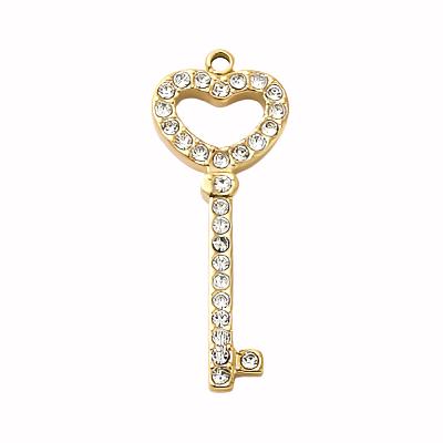 Key Crystal Pendant, Gold Stainless Steel, Size: 29x11mm (Back Order Allow 7-14 Days)