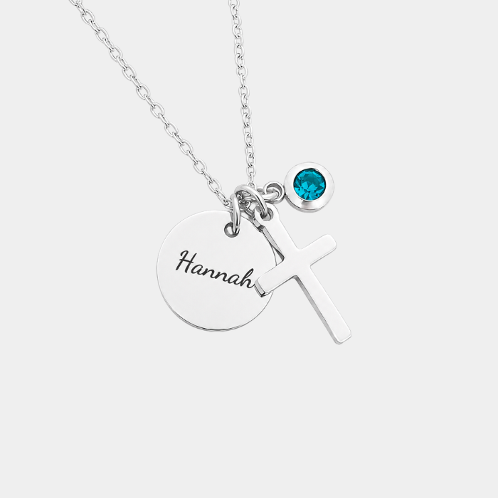 LAMARA PERSONALISED SILVER CROSS & BIRTHSTONE NECKLACE (READY IN 3 DAYS)