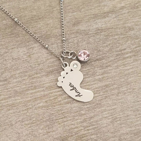 Mamia Personalized Baby Foot Bead Chain Necklace, Optional Birthstone, Stainless Steel (READY IN 3 DAYS!)