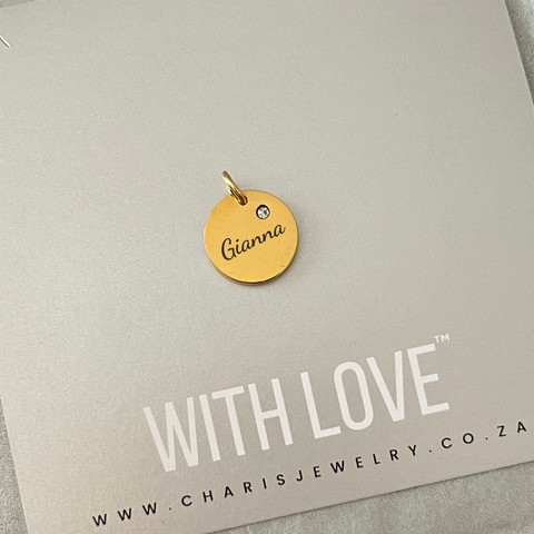 Personalized Gold CZ Disc Dangle, Water & Tarnish Proof, Size: 12mm (READY IN 3 DAYS)