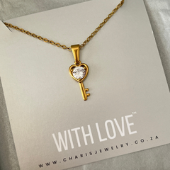 21st CZ Heart Key Necklace, Gold Stainless Steel, Water & Tarnish Proof Adjustable 45-50cm