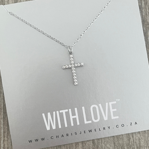 Grace CZ Cross Necklace, Silver Stainless Steel (Water & Tarnish Proof)